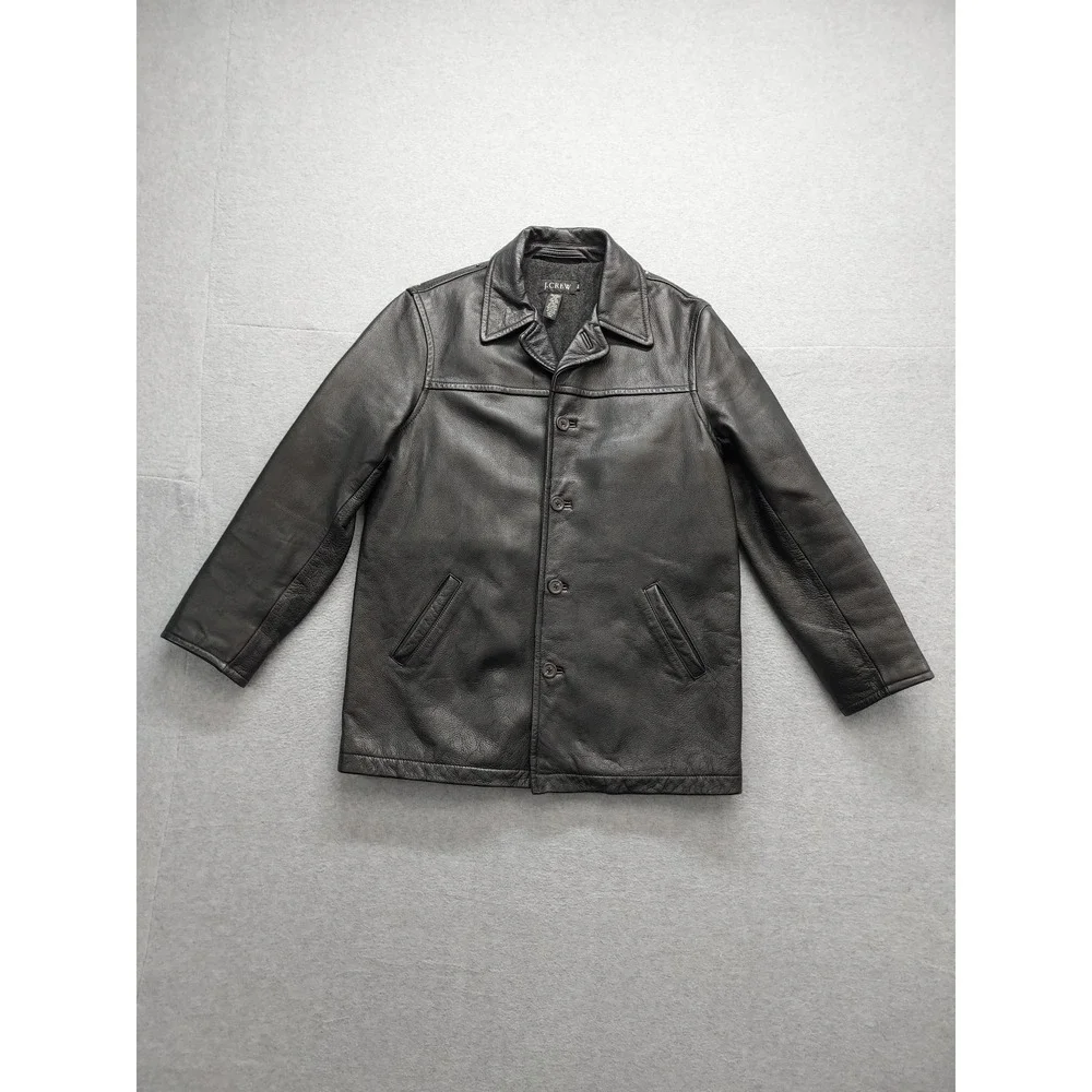 J Crew Men Jacket M Black 100% Leather Button Front Pockets Collared Outdoor